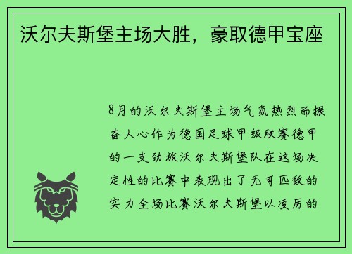 沃尔夫斯堡主场大胜，豪取德甲宝座