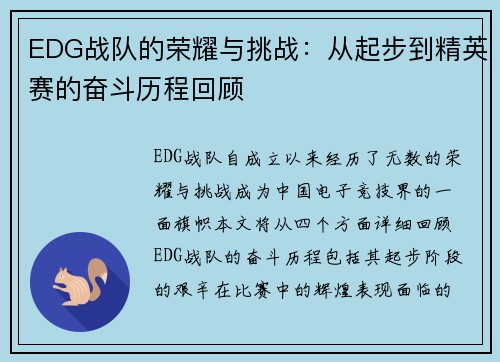 EDG战队的荣耀与挑战：从起步到精英赛的奋斗历程回顾