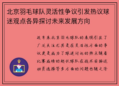 北京羽毛球队灵活性争议引发热议球迷观点各异探讨未来发展方向